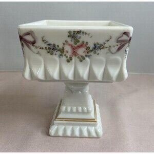 Vintage Westmoreland Milk Glass candy dish W/ Roses & Bows Hand Painted. No lid